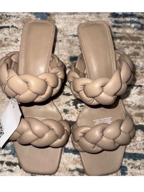 H&M Braided Double-Strap Slide Heels in Taupe